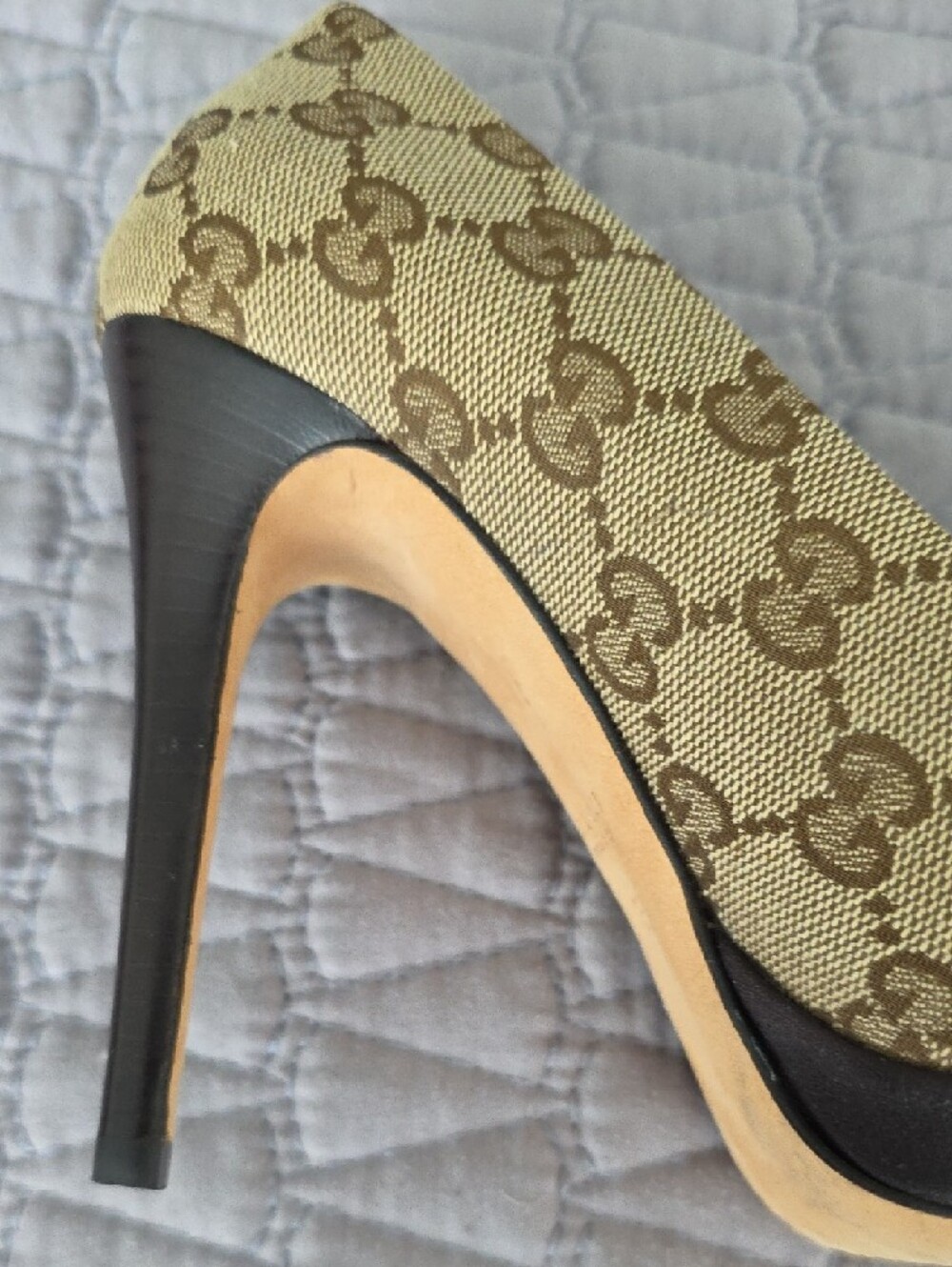 Gucci Brown GG Canvas Peep-Toe Heels with Gold Horsebit - Picture 8 of 12